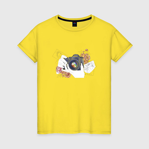 Женская футболка Пионы и фотография / Желтый – фото 1