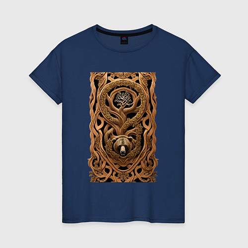 Женская футболка Медведь и древо жизни украшение из дерева / Тёмно-синий – фото 1