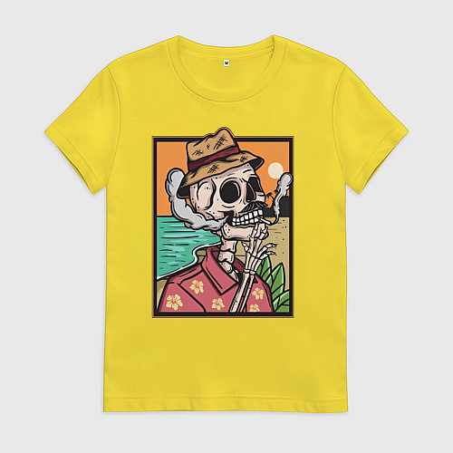 Женская футболка Скелет в гавайской рубашке курит сигарету / Желтый – фото 1