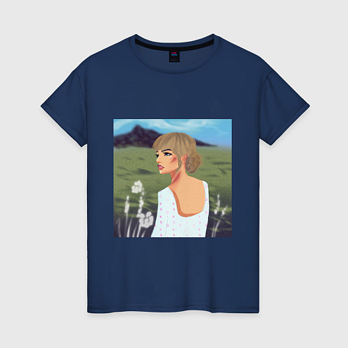 Женская футболка Портрет девушки на фоне природы / Тёмно-синий – фото 1