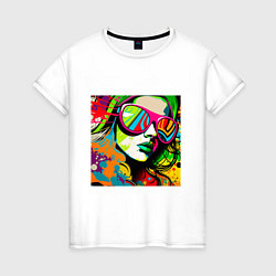 Футболка хлопковая женская Женское лицо в солнцезащитных очках, граффити поп, цвет: белый