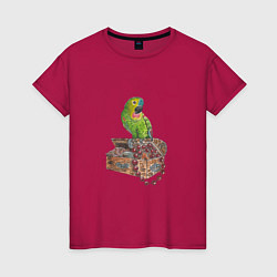 Футболка хлопковая женская Зеленый попугай на сундуке с сокровищами, цвет: маджента