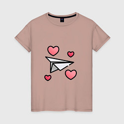 Футболка хлопковая женская Бумажный самолетик - сердца, цвет: пыльно-розовый
