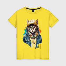 Футболка хлопковая женская Кот репер, цвет: желтый