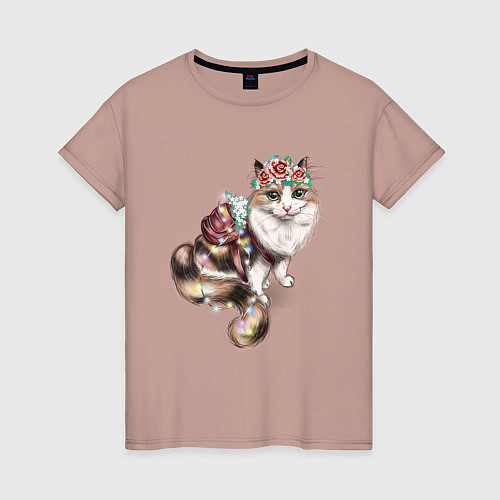 Женская футболка Кошечка с цветами / Пыльно-розовый – фото 1
