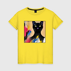 Футболка хлопковая женская Черный кот из нейросети, цвет: желтый