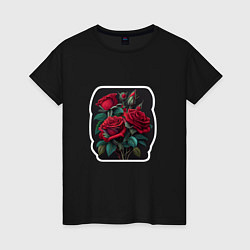 Футболка хлопковая женская Букет и красные розы, цвет: черный