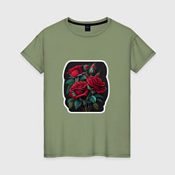 Футболка хлопковая женская Букет и красные розы, цвет: авокадо