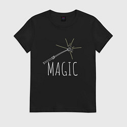 Футболка хлопковая женская Magic надпись и волшебная палка, цвет: черный