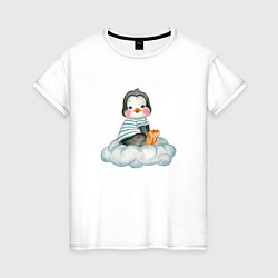 Футболка хлопковая женская Пингвин на облаке, цвет: белый