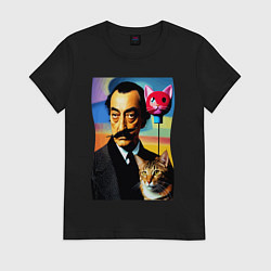 Футболка хлопковая женская Salvador Dali and cat, цвет: черный