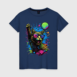 Футболка хлопковая женская Кот тусовщик, цвет: тёмно-синий