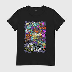 Футболка хлопковая женская Стрит арт с инопланетянином и мороженым, цвет: черный