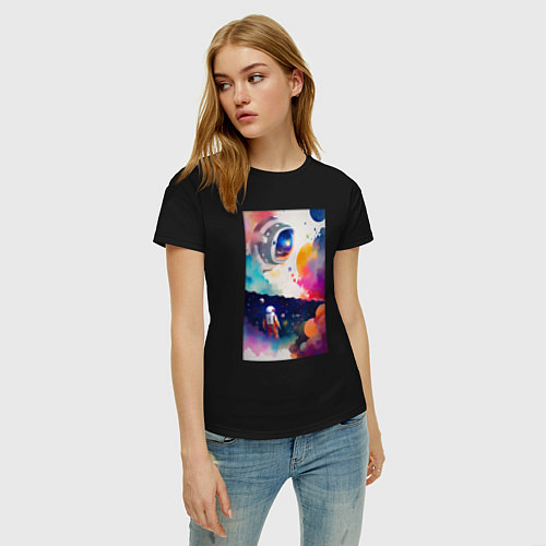Женская футболка Абстрактный космонавт и разноцветные брызги краски / Черный – фото 3