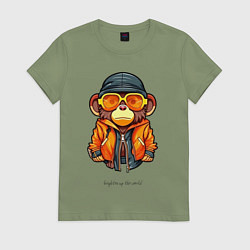Футболка хлопковая женская Обезьяна крупным планом в солнечных очках, цвет: авокадо