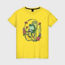 Футболка хлопковая женская Лягушки на велосипеде, цвет: желтый
