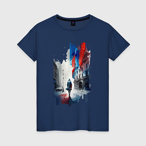 Женская футболка Прогулка по Москве - коллекция Бело-сине-красный - / Тёмно-синий – фото 1