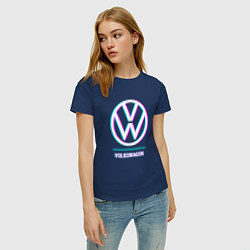 Футболка хлопковая женская Значок Volkswagen в стиле glitch, цвет: тёмно-синий — фото 2