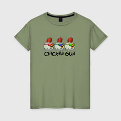 Футболка хлопковая женская Chicken gun - три курочки, цвет: авокадо