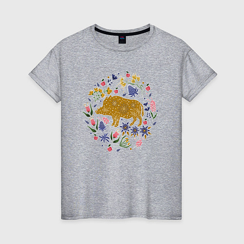 Женская футболка Кабан травы цветы / Меланж – фото 1