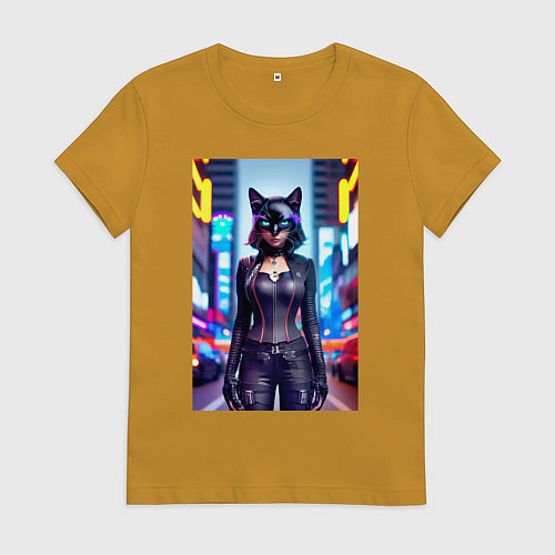 Женская футболка Крутая кисуля - киберпанк - Нью-Йорк / Горчичный – фото 1