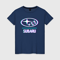 Футболка хлопковая женская Значок Subaru в стиле glitch, цвет: тёмно-синий
