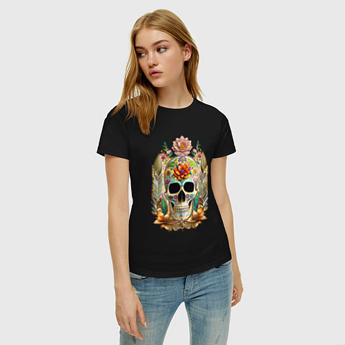 Женская футболка Череп расписной с цветами / Черный – фото 3
