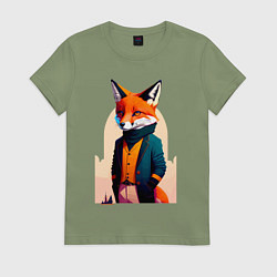 Футболка хлопковая женская Лис-модник - нейросеть, цвет: авокадо