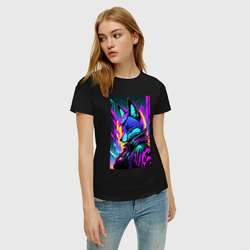 Женская футболка Неоновая лиса - киберпанк - нейросеть / Черный – фото 3