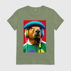 Женская футболка Капибара в наушниках и шляпе - нейросеть