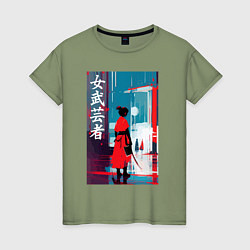 Футболка хлопковая женская Онна-бугэйся - девушка-самурай - иероглифы - Япони, цвет: авокадо