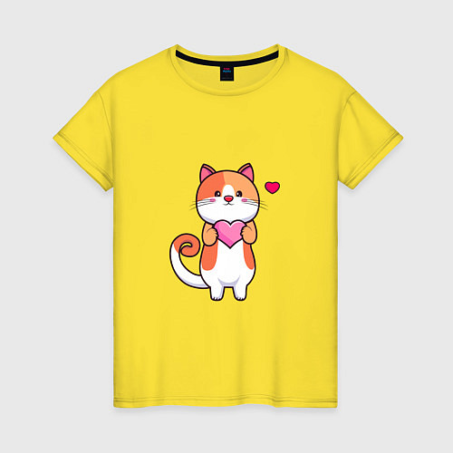 Женская футболка Милый кот с сердцем / Желтый – фото 1