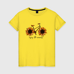 Футболка хлопковая женская Велосипед с подсолнухами, цвет: желтый
