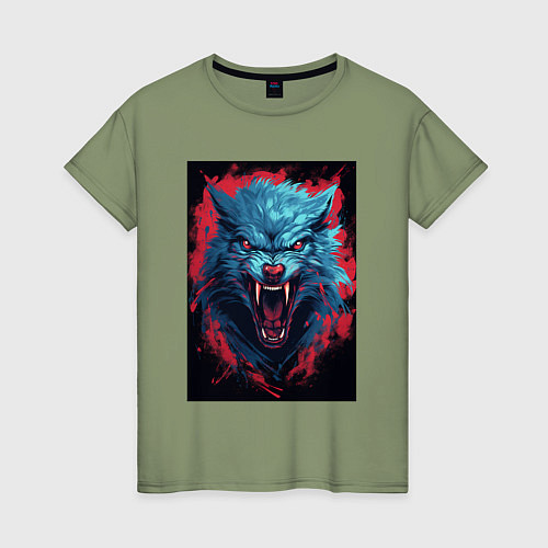 Женская футболка Синий волк красные брызги / Авокадо – фото 1