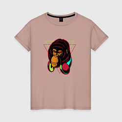 Футболка хлопковая женская Крутая горилла с наушниками, цвет: пыльно-розовый