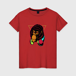 Футболка хлопковая женская Крутая горилла с наушниками, цвет: красный