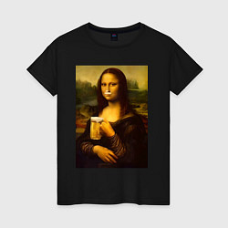 Футболка хлопковая женская Мона Лиза с пивом, цвет: черный