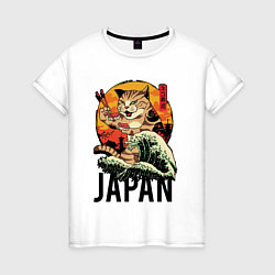 Футболка хлопковая женская Japan sushi cat, цвет: белый