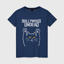 Футболка хлопковая женская Hollywood Undead rock cat, цвет: тёмно-синий