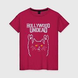 Футболка хлопковая женская Hollywood Undead rock cat, цвет: маджента