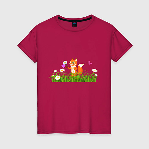 Женская футболка Лисёнок с ромашкой / Маджента – фото 1