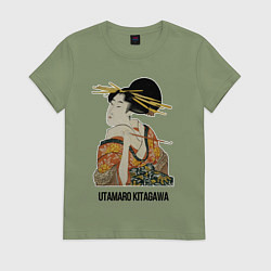 Футболка хлопковая женская Утамаро Китагава - картина Гейша с трубкой, цвет: авокадо