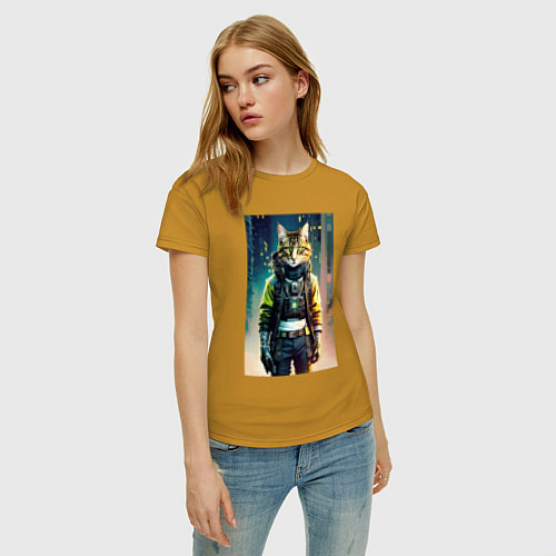 Женская футболка Крутой котяра - киберпанк - нейросеть / Горчичный – фото 3
