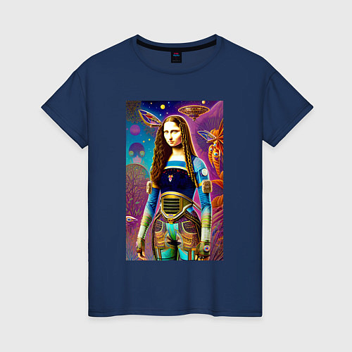 Женская футболка Мона Лиза наших дней - нейросеть - фантазия / Тёмно-синий – фото 1