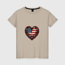 Футболка хлопковая женская Сердце с цветами флаг США, цвет: миндальный