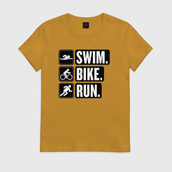 Футболка хлопковая женская Swim bike run, цвет: горчичный