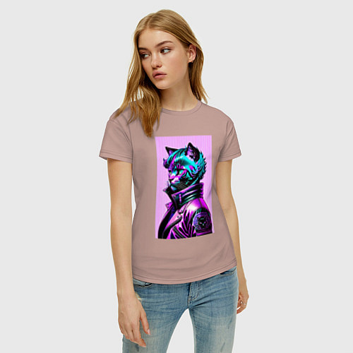 Женская футболка Прикольный фиолетовый котейка - нейросеть / Пыльно-розовый – фото 3