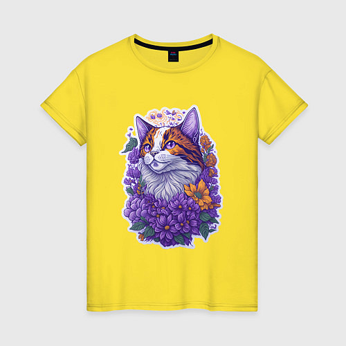 Женская футболка Рыжий котик и фиолетовые цветы / Желтый – фото 1