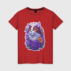Футболка хлопковая женская Рыжий котик и фиолетовые цветы, цвет: красный