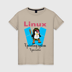 Футболка хлопковая женская Пингвин линукс в шляпе, цвет: миндальный